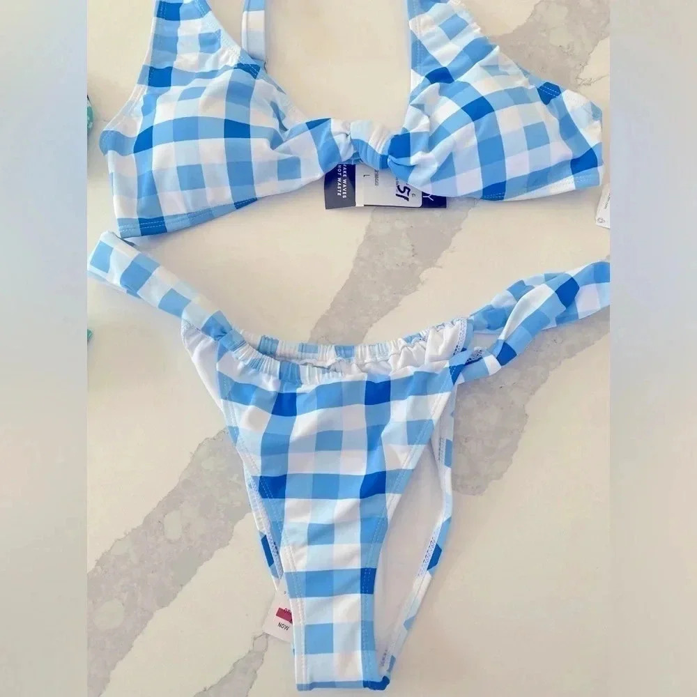 Cotton On Body 2-Piece Blue/White Checked Bikini Knot Front‎ Scoop Top Large NWT